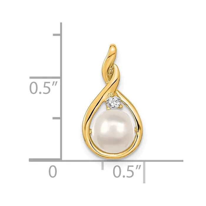 14K Yellow Gold 7mm White Round Freshwater Cultured Pearl VS Real Diamond Pendant Goldia Necklaces