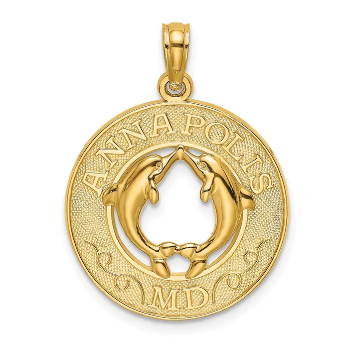 14k Yellow Gold ANNAPOLIS MD Circle Dolphins Charm Goldia Charm Necklaces