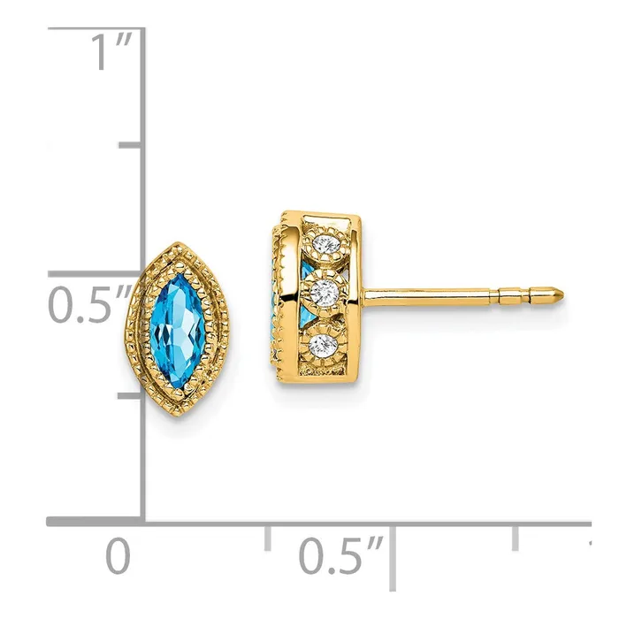 14k Yellow Gold Marquise Blue Topaz and Real Diamond Earrings Goldia Earrings