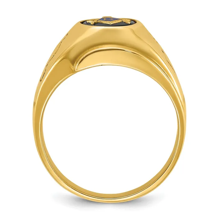 14k Yellow Gold Mens Polished and Grooved with Oval Onyx Blue Lodge Master Masonic Ring Goldia Rings