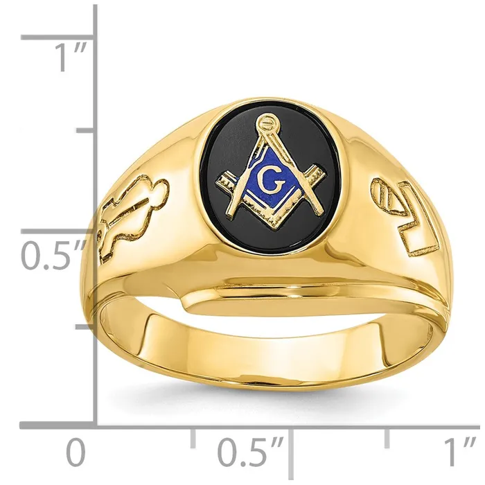 14k Yellow Gold Mens Polished and Grooved with Oval Onyx Blue Lodge Master Masonic Ring Goldia Rings