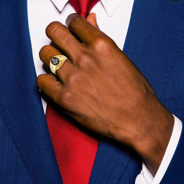 14k Yellow Gold Mens Polished and Grooved with Oval Onyx Blue Lodge Master Masonic Ring Goldia Rings