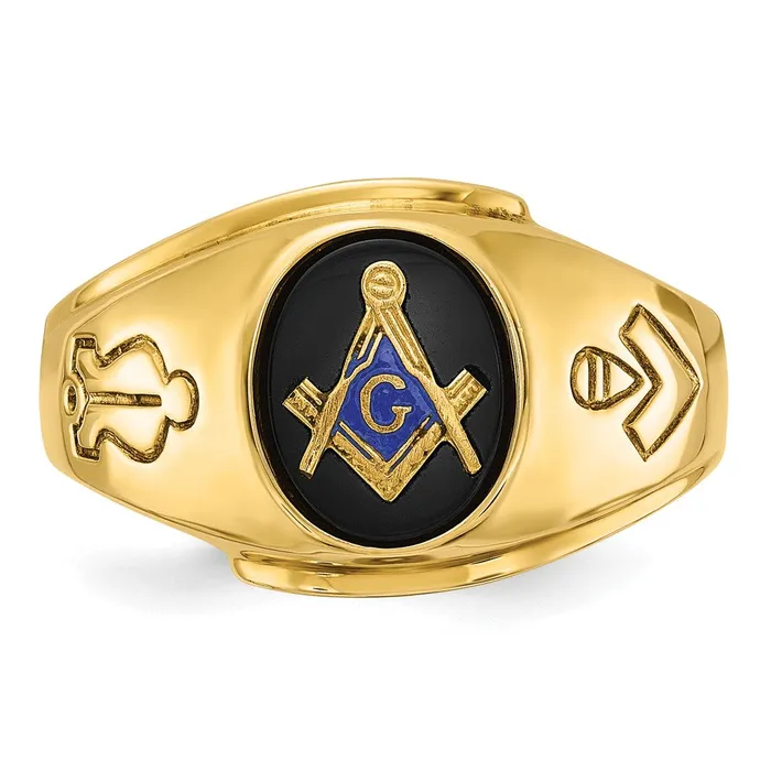 14k Yellow Gold Mens Polished and Grooved with Oval Onyx Blue Lodge Master Masonic Ring Goldia Rings