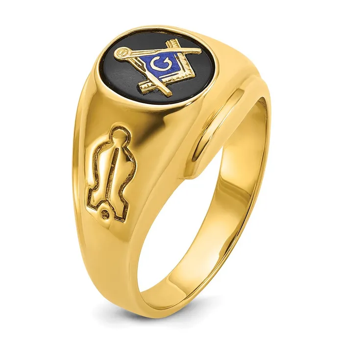 14k Yellow Gold Mens Polished and Grooved with Oval Onyx Blue Lodge Master Masonic Ring Goldia Rings