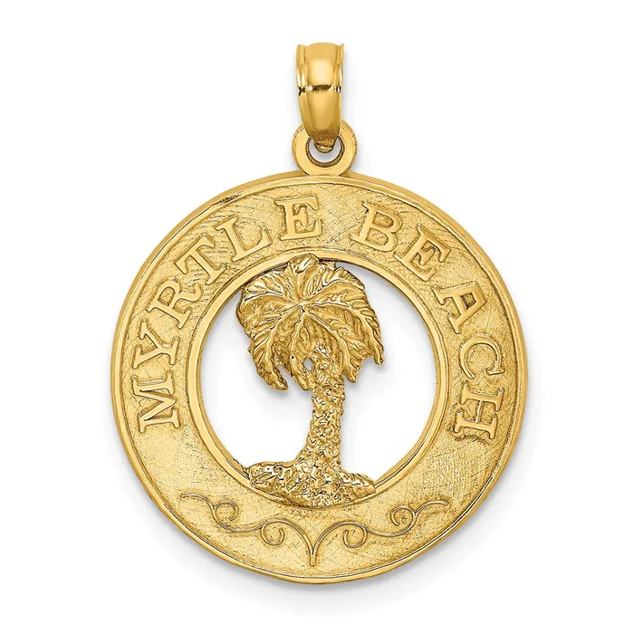 14k Yellow Gold MYRTLE BEACH wPalm Tree Circle Charm Goldia Charm Necklaces 14k Yellow Gold MYRTLE BEACH wPalm Tree Circle Charm Goldia Charm Necklaces