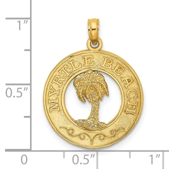 14k Yellow Gold MYRTLE BEACH wPalm Tree Circle Charm Goldia Charm Necklaces