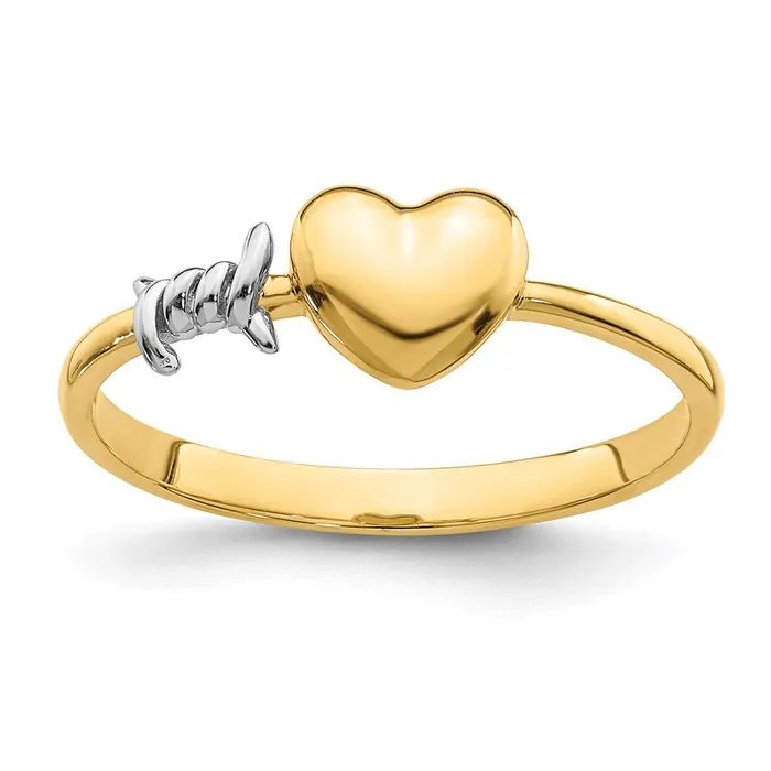 14k Yellow Gold with White Rhodium Barb Wire and Heart Ring Goldia Rings