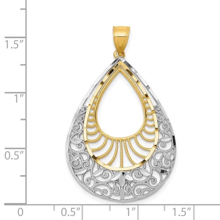 14k Yellow Rhodium Gold wRhodium Diamondcut Filigree Teardrop Pendant Goldia Necklaces