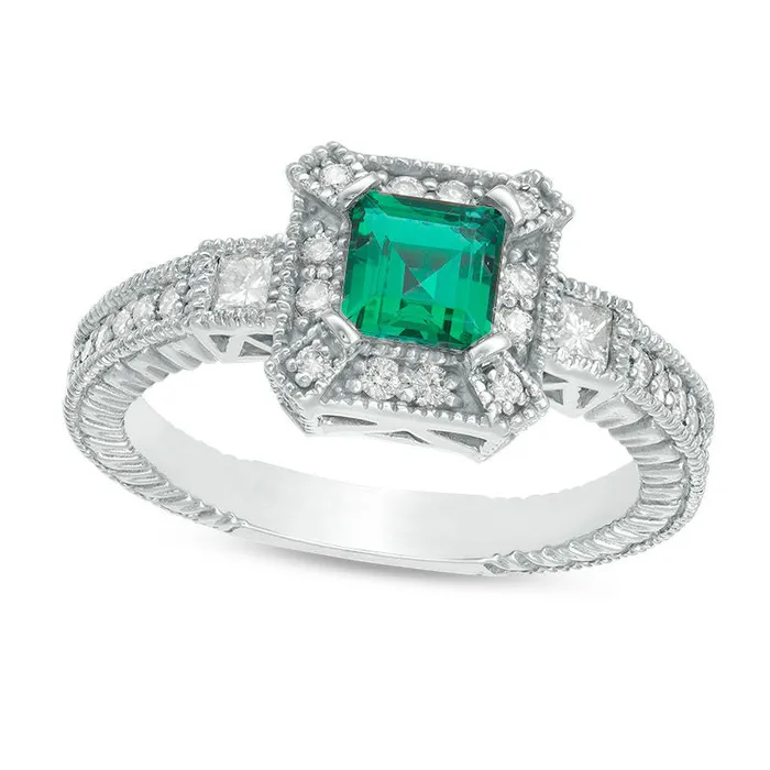 50mm PrincessCut LabCreated Emerald and 038 CT TW Diamond Three Stone Frame Antique VintageStyle Ring in Solid 10K White Gold Goldia Rings 50mm PrincessCut LabCreated Emerald and 038 CT TW Diamond Three Stone Frame Antique VintageStyle Ring in Solid 10K White Gold Goldia Rings