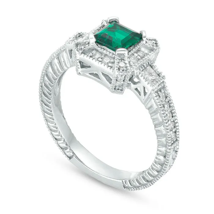 50mm PrincessCut LabCreated Emerald and 038 CT TW Diamond Three Stone Frame Antique VintageStyle Ring in Solid 10K White Gold Goldia Rings 50mm PrincessCut LabCreated Emerald and 038 CT TW Diamond Three Stone Frame Antique VintageStyle Ring in Solid 10K White Gold Goldia Rings