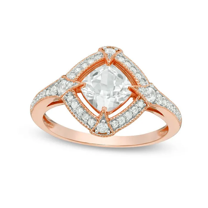 60mm CushionCut LabCreated White Sapphire and 017 CT TW Diamond Ring in Sterling Silver with Rose Rhodium Goldia Rings 60mm CushionCut LabCreated White Sapphire and 017 CT TW Diamond Ring in Sterling Silver with Rose Rhodium Goldia Rings