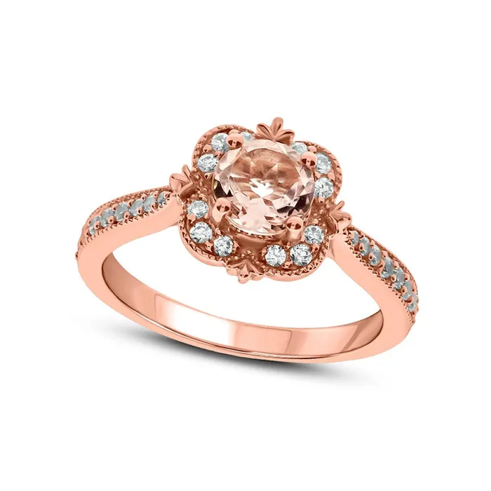 60mm Morganite and 033 CT TW Natural Diamond Clover Frame Antique VintageStyle Engagement Ring in Solid 10K Rose Gold Goldia Rings 60mm Morganite and 033 CT TW Natural Diamond Clover Frame Antique VintageStyle Engagement Ring in Solid 10K Rose Gold Goldia Rings