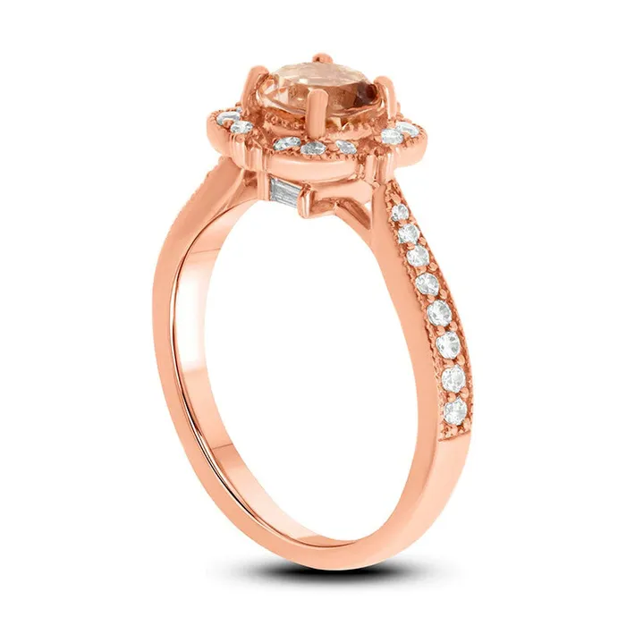 60mm Morganite and 033 CT TW Natural Diamond Clover Frame Antique VintageStyle Engagement Ring in Solid 10K Rose Gold Goldia Rings 60mm Morganite and 033 CT TW Natural Diamond Clover Frame Antique VintageStyle Engagement Ring in Solid 10K Rose Gold Goldia Rings