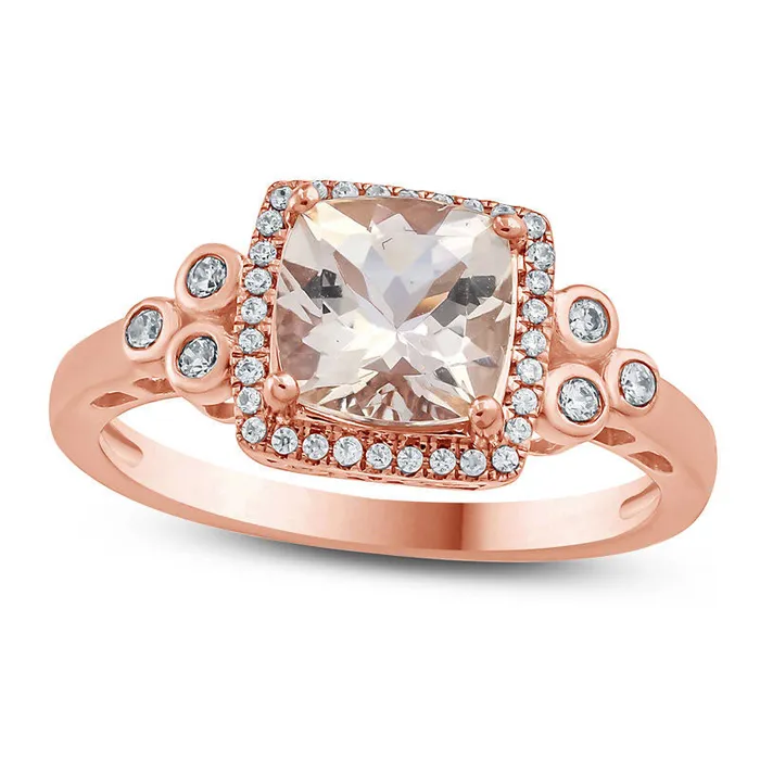 70mm CushionCut Morganite and 017 CT TW Natural Diamond Frame TriSides Ring in Solid 10K Rose Gold Goldia Rings 70mm CushionCut Morganite and 017 CT TW Natural Diamond Frame TriSides Ring in Solid 10K Rose Gold Goldia Rings