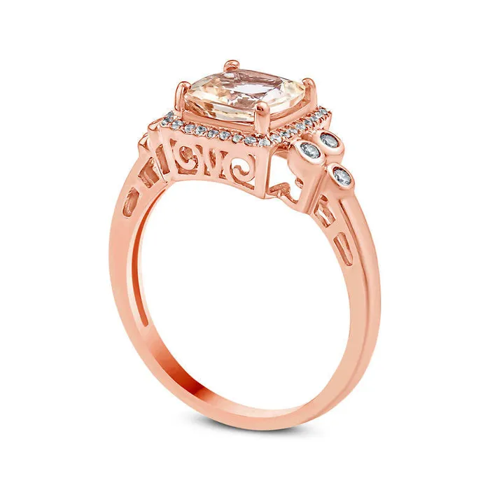 70mm CushionCut Morganite and 017 CT TW Natural Diamond Frame TriSides Ring in Solid 10K Rose Gold Goldia Rings 70mm CushionCut Morganite and 017 CT TW Natural Diamond Frame TriSides Ring in Solid 10K Rose Gold Goldia Rings