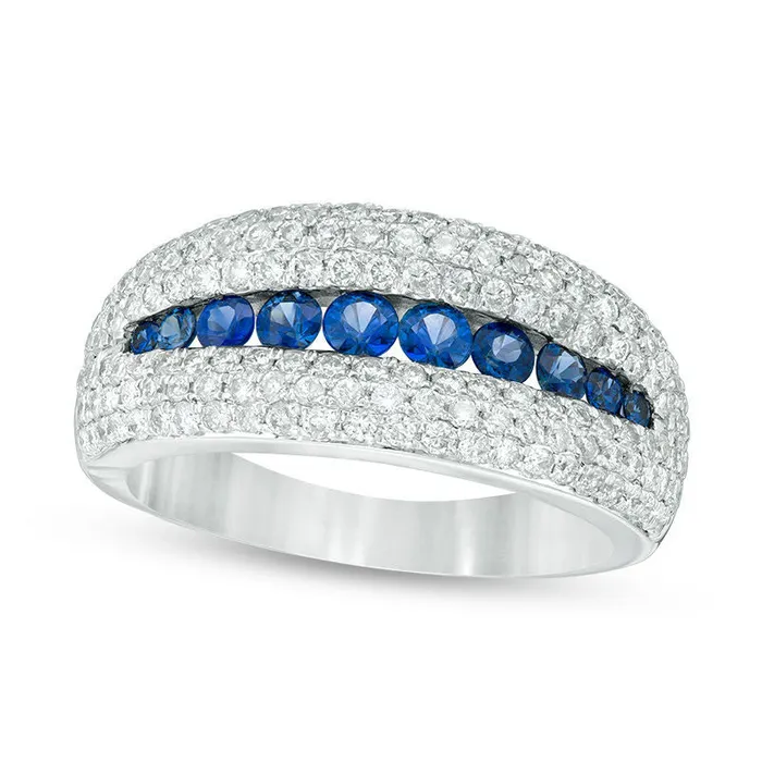 Blue Sapphire and 10 CT TW Natural Diamond center Channel MultiRow Dome Ring in Solid 14K White Gold Goldia Rings Blue Sapphire and 10 CT TW Natural Diamond center Channel MultiRow Dome Ring in Solid 14K White Gold Goldia Rings