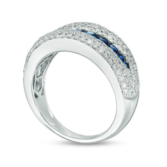 Blue Sapphire and 10 CT TW Natural Diamond center Channel MultiRow Dome Ring in Solid 14K White Gold Goldia Rings Blue Sapphire and 10 CT TW Natural Diamond center Channel MultiRow Dome Ring in Solid 14K White Gold Goldia Rings