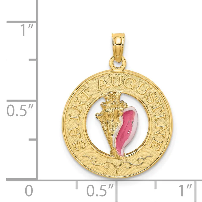 Charm Necklaces 14k Yellow Gold SAINT AUGUSTINE Enamel wConch Shell Circle Charm Goldia