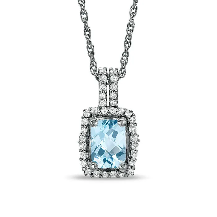 CushionCut Aquamarine and White Topaz Framed Pendant in Sterling Silver Goldia Necklaces CushionCut Aquamarine and White Topaz Framed Pendant in Sterling Silver Goldia Necklaces