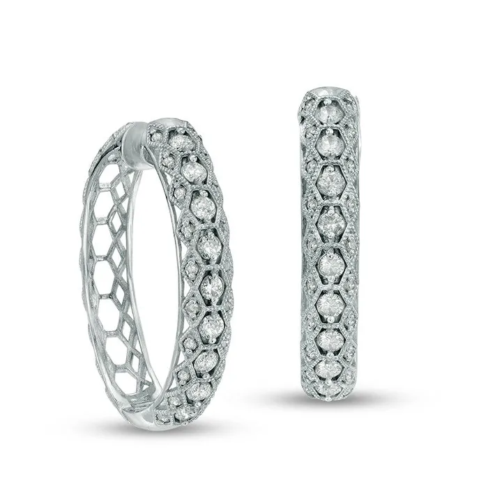 Earrings Goldia 088 CT TW Diamond Geometric Milgrain Hoop Earrings in 10K White Gold Earrings Goldia 088 CT TW Diamond Geometric Milgrain Hoop Earrings in 10K White Gold
