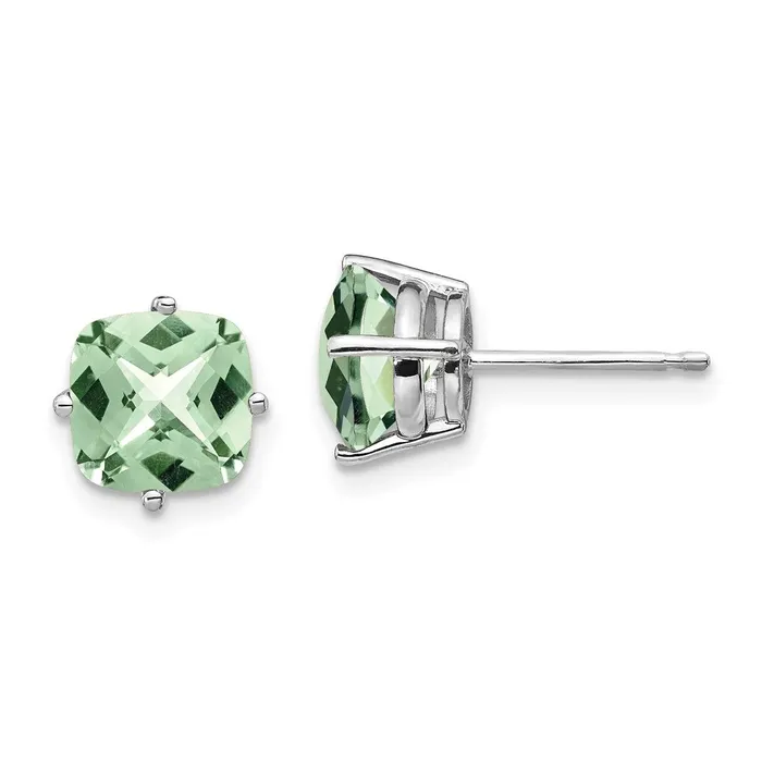 Earrings Goldia 14k White Gold 7mm Cushion CheckerCut Green Quartz Earring