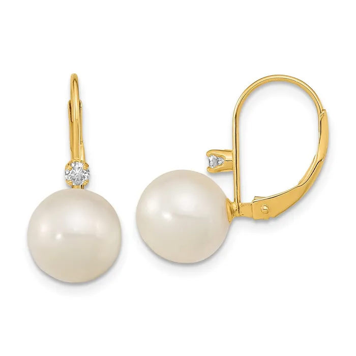 Earrings goldiaca 14K 9 95mm White Round FWC Pearl 10ct Diamond Leverback Earrings Earrings goldiaca 14K 9 95mm White Round FWC Pearl 10ct Diamond Leverback Earrings