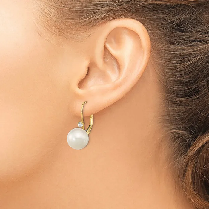 Earrings goldiaca 14K 9 95mm White Round FWC Pearl 10ct Diamond Leverback Earrings