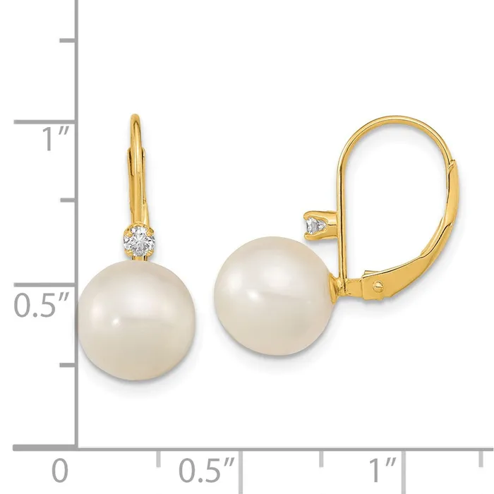 Earrings goldiaca 14K 9 95mm White Round FWC Pearl 10ct Diamond Leverback Earrings