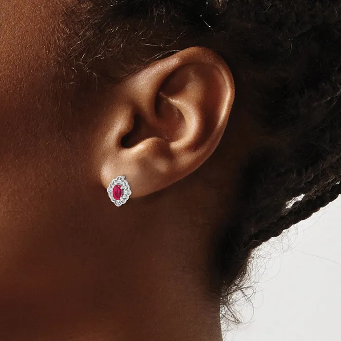 Earrings Goldia Solid 14k White Gold Simulated CZ and Cabochon Ruby Earrings