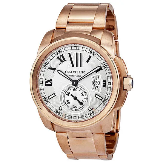Earrings JMS always Original Cartier Calibre de Cartier Silver Dial 18K Rose Gold Automatic Mens Watch W7100018