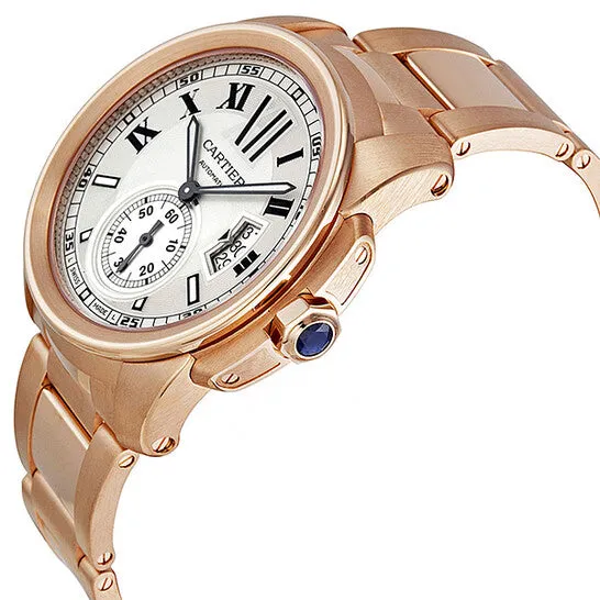 Earrings JMS always Original Cartier Calibre de Cartier Silver Dial 18K Rose Gold Automatic Mens Watch W7100018