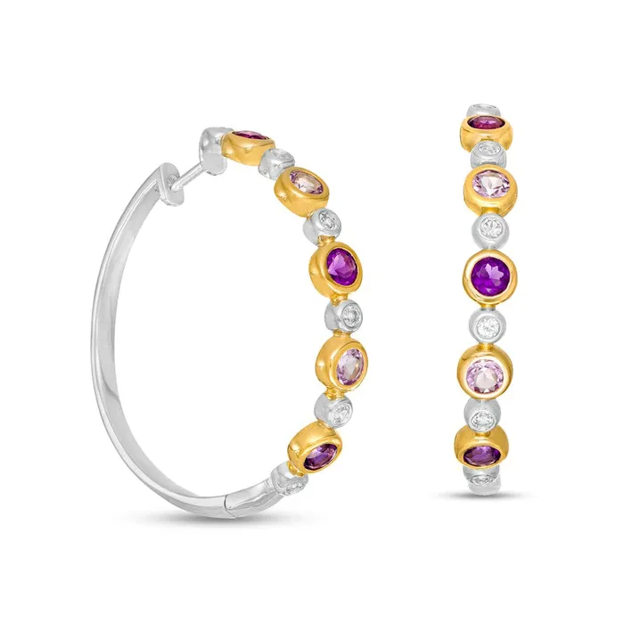 Earrings Rose de France and Purple Amethyst with White Topaz Alternating Bubble Hoop Earrings in Sterling Silver and 14K GP Goldia Earrings Rose de France and Purple Amethyst with White Topaz Alternating Bubble Hoop Earrings in Sterling Silver and 14K GP Goldia