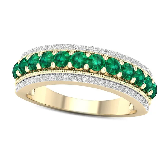 Emerald and 017 CT TW Natural Diamond Border Triple Row Antique VintageStyle Ring in Solid 10K Yellow Gold Goldia Rings Emerald and 017 CT TW Natural Diamond Border Triple Row Antique VintageStyle Ring in Solid 10K Yellow Gold Goldia Rings