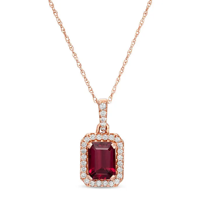 EmeraldCut Garnet and 017 CT TW Natural Diamond Octagon Frame Drop Pendant in 14K Rose Gold Goldia Earrings