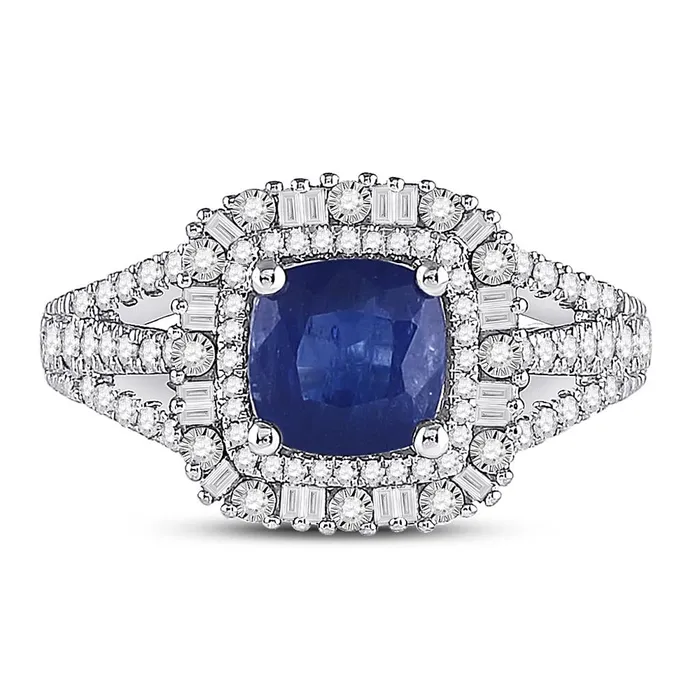 gndatlanta 14k White Gold Cushion Blue Sapphire Diamond Halo Ring 2 Cttw Rings
