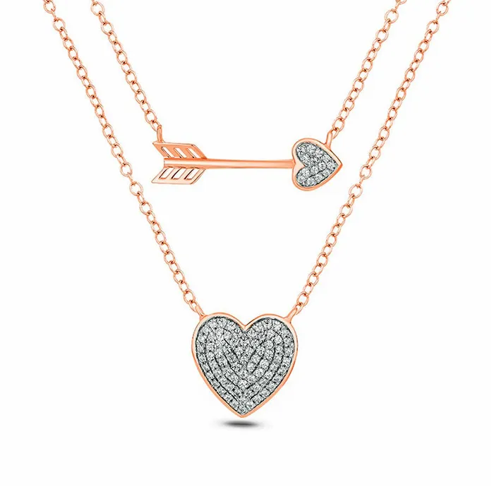 Goldia 025 CT TW Natural Diamond Sideways Arrow and Heart Double Strand Necklace in 10K Rose Gold Necklaces