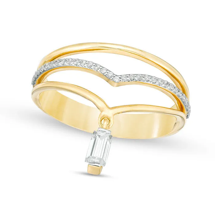 Goldia 033 CT TW Baguette and Round Natural Diamond Chevron with Dangle Ring in Solid 10K Yellow Gold Rings Goldia 033 CT TW Baguette and Round Natural Diamond Chevron with Dangle Ring in Solid 10K Yellow Gold Rings