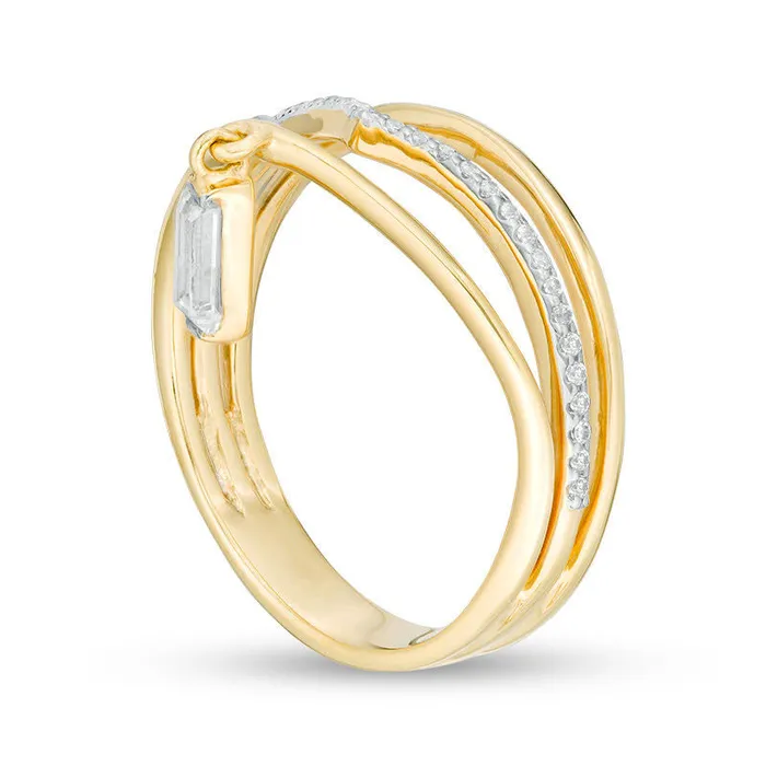 Goldia 033 CT TW Baguette and Round Natural Diamond Chevron with Dangle Ring in Solid 10K Yellow Gold Rings Goldia 033 CT TW Baguette and Round Natural Diamond Chevron with Dangle Ring in Solid 10K Yellow Gold Rings