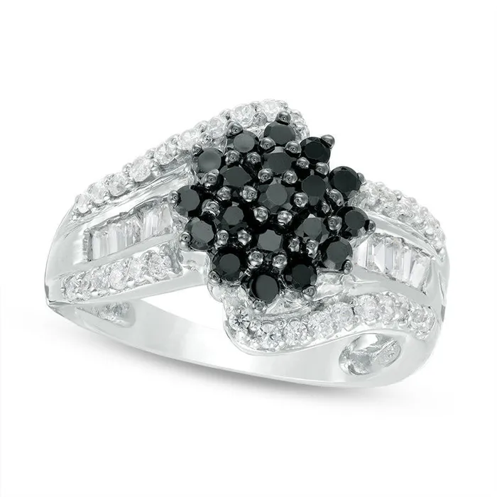 Goldia 10 CT TW Composite Enhanced Black and White Natural Diamond Three Row Bypass Ring in Solid 10K White Gold Rings Goldia 10 CT TW Composite Enhanced Black and White Natural Diamond Three Row Bypass Ring in Solid 10K White Gold Rings