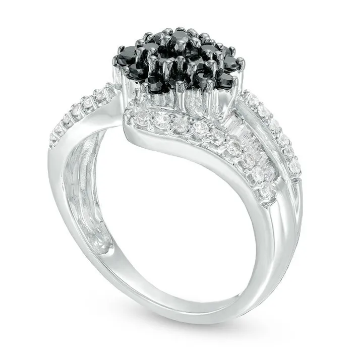 Goldia 10 CT TW Composite Enhanced Black and White Natural Diamond Three Row Bypass Ring in Solid 10K White Gold Rings Goldia 10 CT TW Composite Enhanced Black and White Natural Diamond Three Row Bypass Ring in Solid 10K White Gold Rings
