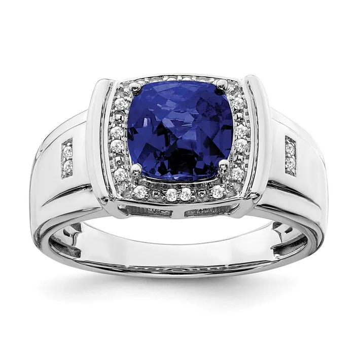 Goldia 14k White Gold Cushion Created Sapphire and Real Diamond Mens Ring Rings Goldia 14k White Gold Cushion Created Sapphire and Real Diamond Mens Ring Rings