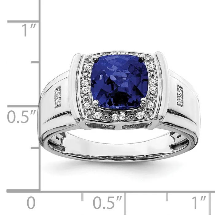 Goldia 14k White Gold Cushion Created Sapphire and Real Diamond Mens Ring Rings