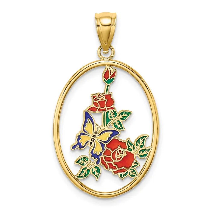 Goldia 14k Yellow Gold Enamel Yellow Butterfly in Oval Red Flower Charm Earrings Goldia 14k Yellow Gold Enamel Yellow Butterfly in Oval Red Flower Charm Earrings