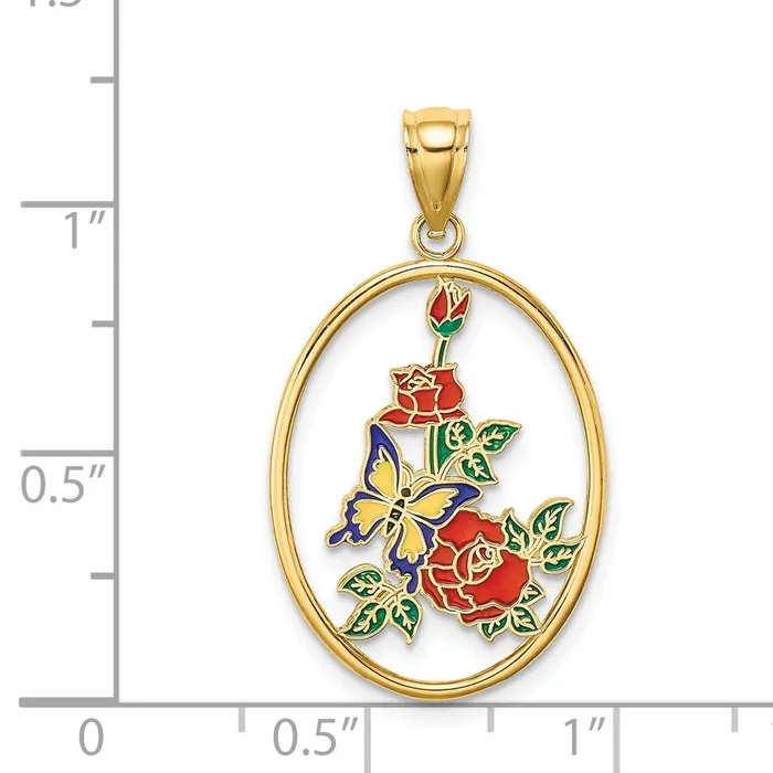 Goldia 14k Yellow Gold Enamel Yellow Butterfly in Oval Red Flower Charm Earrings