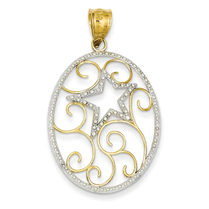 Goldia 14k Yellow Rhodium Gold and Rhodium Oval Star Pendant Necklaces