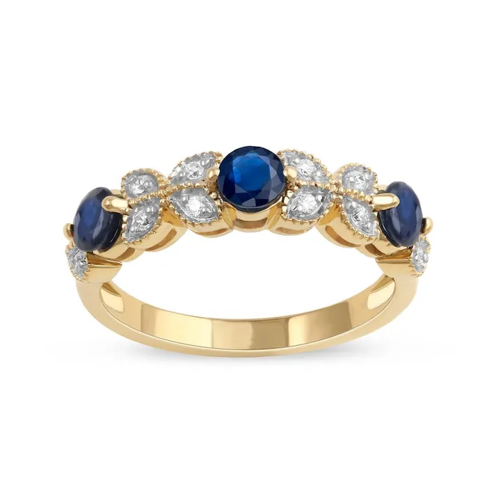 Goldia 40mm Blue Sapphire and 010 CT TW Natural Diamond Leaf Accents Antique VintageStyle Three Stone Ring in Solid 10K Yellow Gold Rings Goldia 40mm Blue Sapphire and 010 CT TW Natural Diamond Leaf Accents Antique VintageStyle Three Stone Ring in Solid 10K Yellow Gold Rings