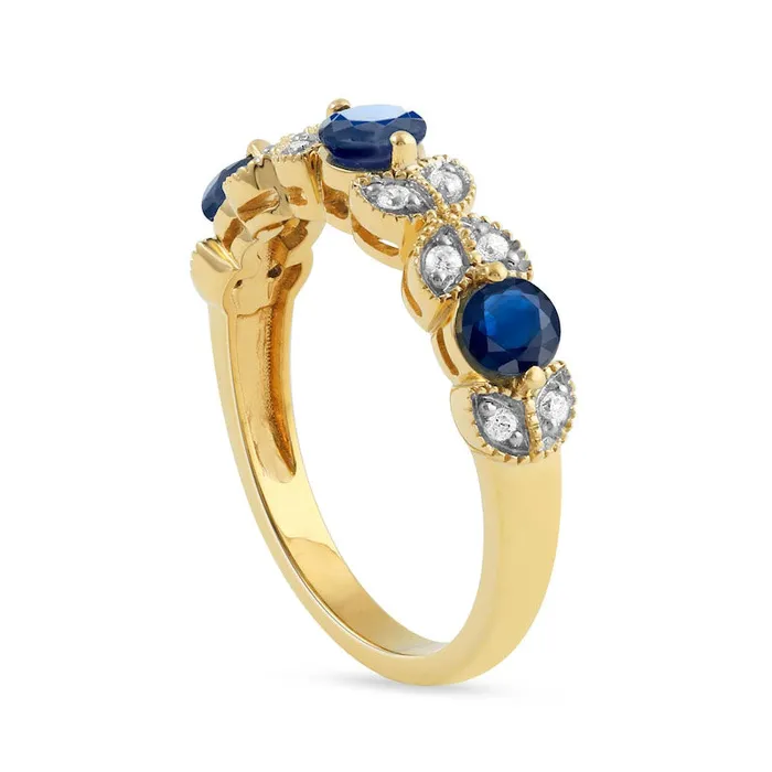 Goldia 40mm Blue Sapphire and 010 CT TW Natural Diamond Leaf Accents Antique VintageStyle Three Stone Ring in Solid 10K Yellow Gold Rings Goldia 40mm Blue Sapphire and 010 CT TW Natural Diamond Leaf Accents Antique VintageStyle Three Stone Ring in Solid 10K Yellow Gold Rings