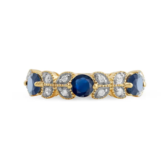 Goldia 40mm Blue Sapphire and 010 CT TW Natural Diamond Leaf Accents Antique VintageStyle Three Stone Ring in Solid 10K Yellow Gold Rings Goldia 40mm Blue Sapphire and 010 CT TW Natural Diamond Leaf Accents Antique VintageStyle Three Stone Ring in Solid 10K Yellow Gold Rings