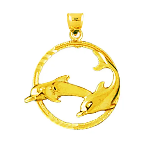 Goldia Charm Necklaces 14K Gold Two Dolphins Circle Charm