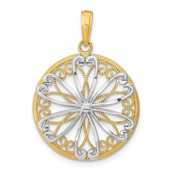 Goldia Charm Necklaces 14k Yellow Rhodium Gold wRhodium Filigree Center Round Charm Goldia Charm Necklaces 14k Yellow Rhodium Gold wRhodium Filigree Center Round Charm
